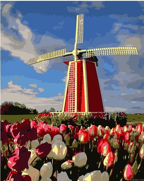 Windmill Tulips Landscape Painting By Numberss.png