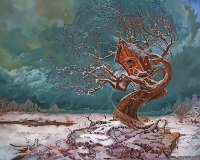 Winter Tree House Painting By Numberss.png