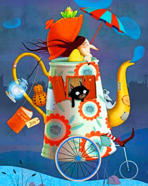 Woman And Pets Illustration Painting By Numberss.png