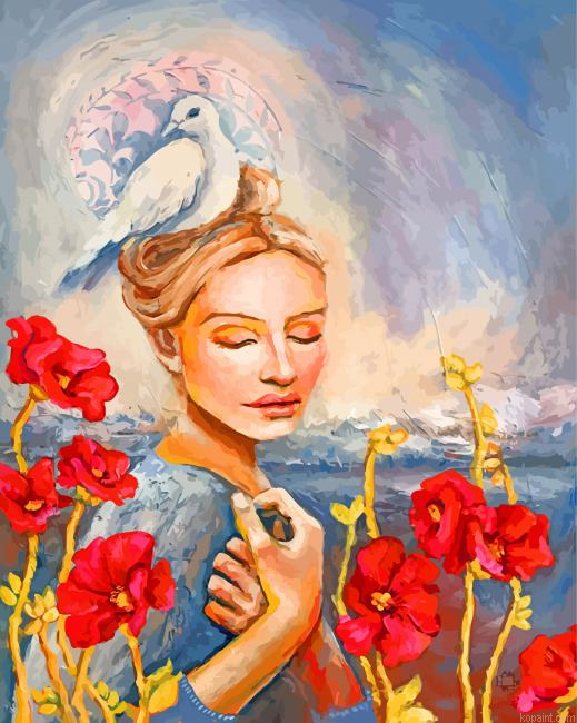 Woman And Pigeon Painting By Numberss.png