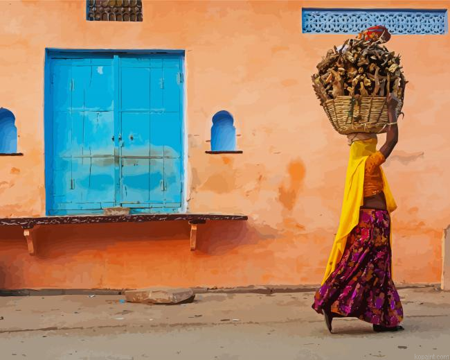 Woman Carrying Basket Of Wood Paint By Numbers