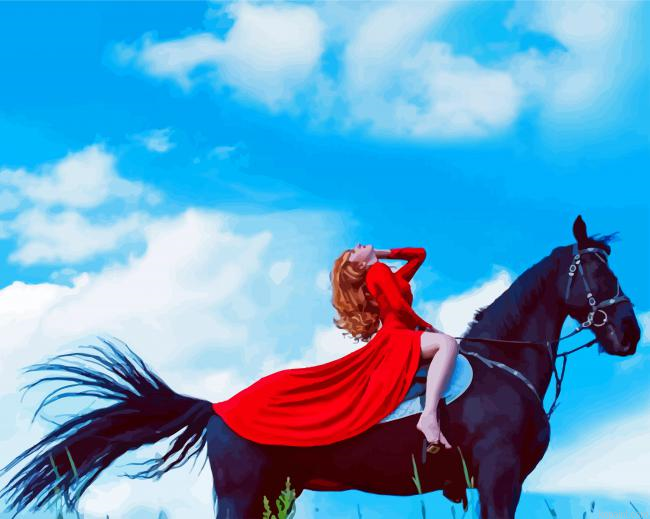 Woman In Red On A Black Horse Painting By Numberss.png