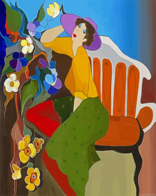 Woman Wearing A Purple Sunhat By Tarkay Painting By Numberss.png