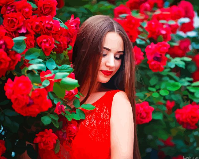 Woman With Red Dress And Red Flowers Painting By Numberss.png