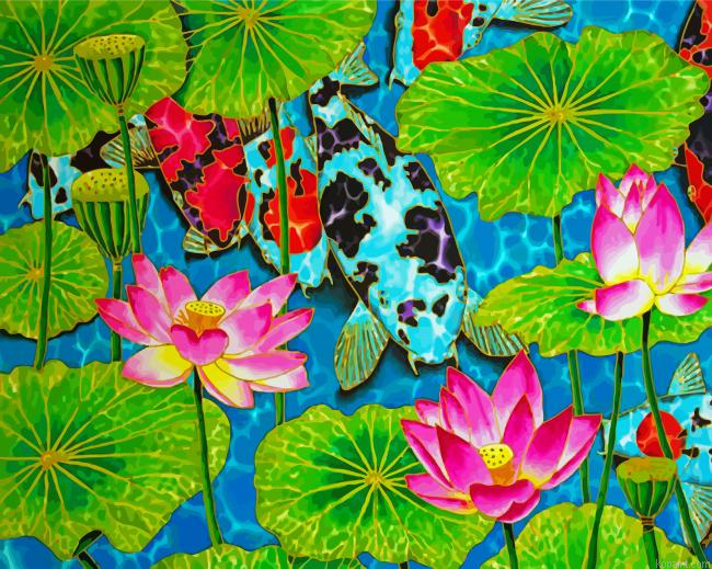 Koi Fish And Lotus Flowers Painting By Numberss.png